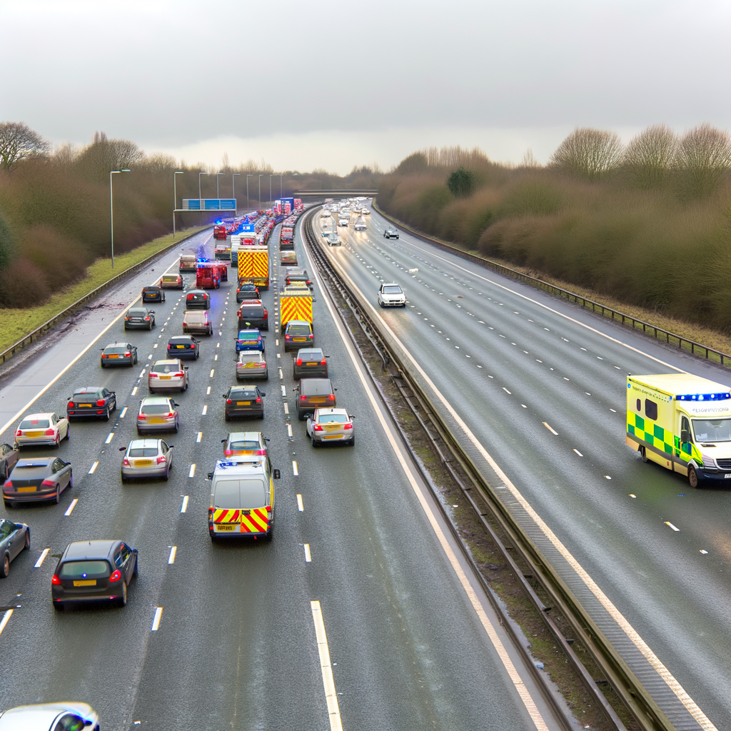 Traffic is stationary as the smoke billows across the motorway from the westbound carriageway