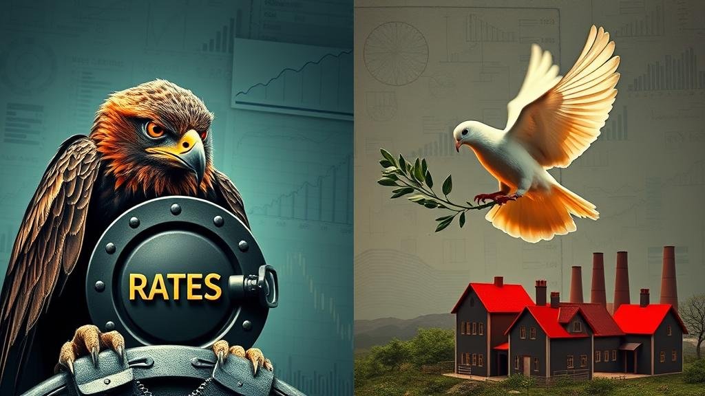 A dramatic, split-screen image. On the left side, a fierce hawk with glowing red eyes guards a vault with the word 'RATES' on it. On the right side, a gentle dove holds an olive branch over a fragile-looking factory and house. The background is a jumble of contradictory economic charts and graphs.