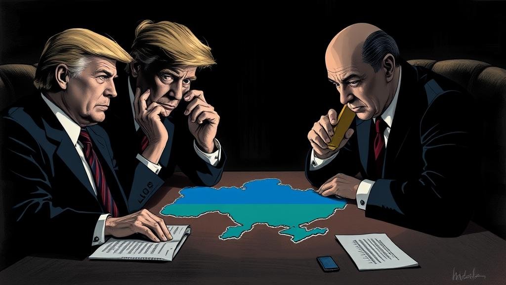 A tense, shadowy illustration of a high-ranking US official on a secret phone call with a Kremlin figure, with a map of Ukraine on the table between them, suggesting a clandestine deal being made.