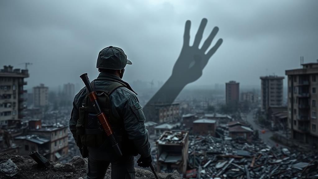 A powerful image of a lone Ukrainian soldier or citizen looking out over the debris of a city, with a shadow of a hand redrawing the border behind them, encapsulating the sense of betrayal and the devastating human cost of the conflict.