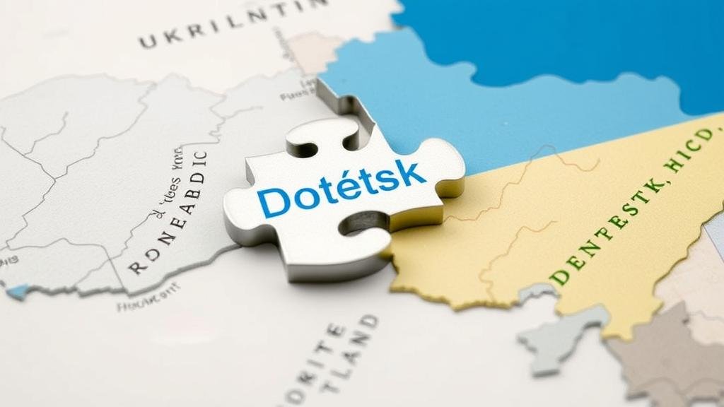 A visual metaphor of a chunk of land, representing Donetsk, being physically moved or traded like a puzzle piece on a map of Ukraine, highlighting the chaotic and unjust nature of the proposition.