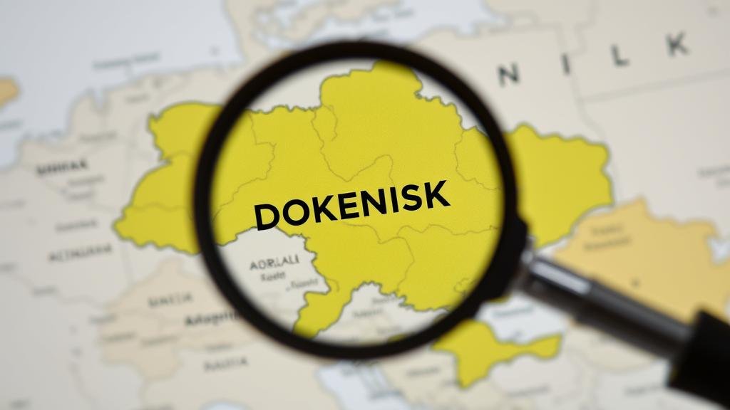 A focused shot on a map of Ukraine, with the Donetsk region highlighted under the scrutinizing lens of a magnifying glass.