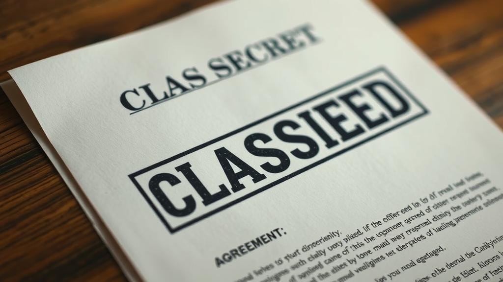 A top-secret document, stamped with 'CLASSIFIED,' is subtly revealed, hinting at a clandestine agreement.