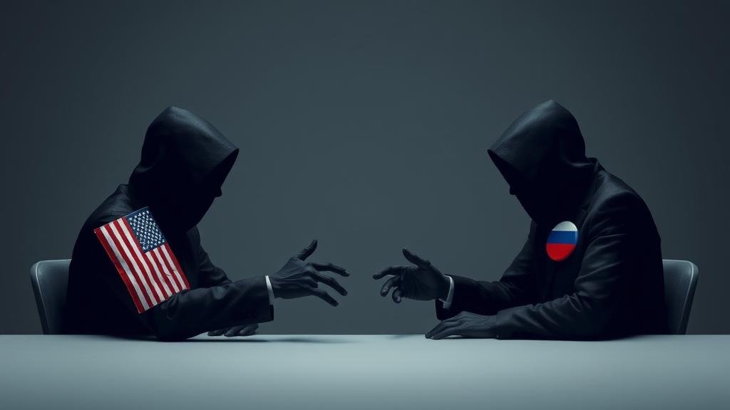Two shadowy figures, identifiable only by American and Russian flag pins, are locked in a tense, secret negotiation across a stark table.