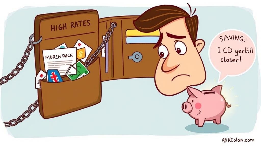 A cartoon-style illustration of a person looking worriedly at their wallet. From the wallet, several items are being pulled in two directions by chains. One chain, labeled 'HIGH RATES', is pulling a mortgage document, a credit card, and a car loan away. Another chain, labeled 'SAVINGS', is pulling a piggy bank and a CD certificate closer, which are glowing happily.