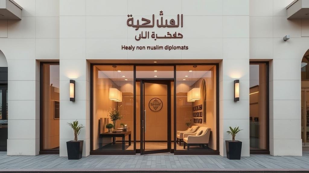 A discreet and modern storefront in Riyadh's Diplomatic Quarter, catering exclusively to non-Muslim diplomats, with access controlled via a mobile app.