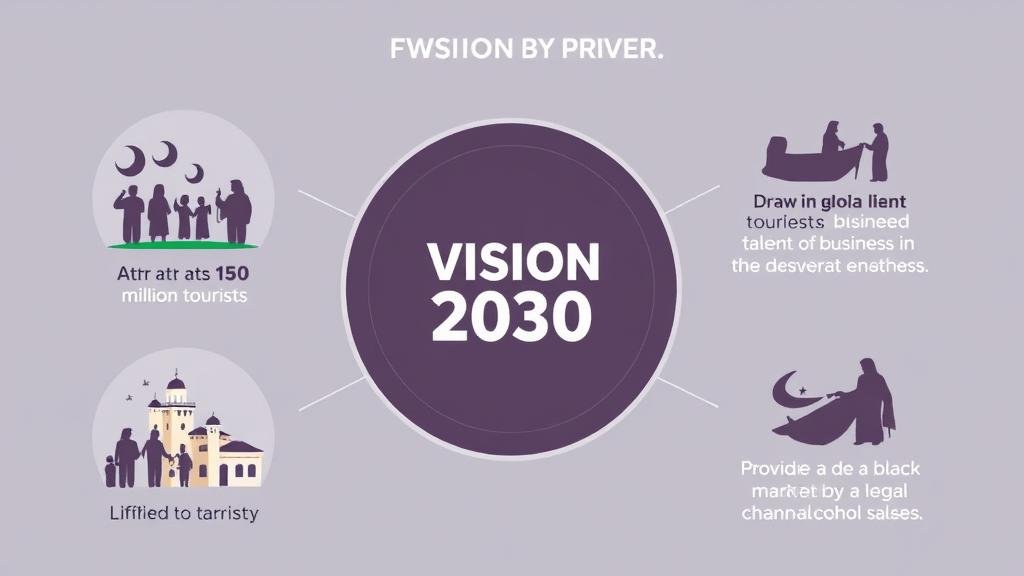 An image representing the key drivers of Saudi Arabia's Vision 2030, including attracting 150 million tourists, drawing in global talent for business, and combating the black market by providing a legal channel for alcohol sales.