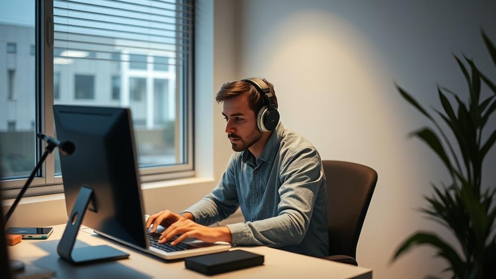 A person in a state of deep, uninterrupted concentration, with visuals representing complex thoughts and ideas forming in their mind.