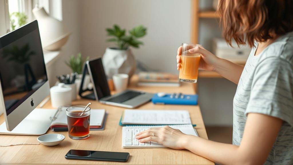A pre-work ritual in action: a person preparing their workspace by clearing clutter, getting a specific beverage, and setting a clear intention for their deep work session.