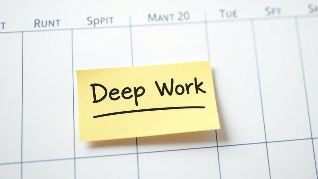 A calendar with a block of time labeled 'Deep Work' highlighted, symbolizing the importance of scheduling and committing to focused sessions.