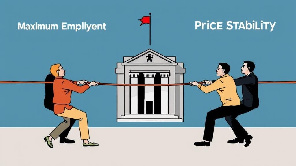 A stylized illustration of a tug-of-war between 'Maximum Employment' and 'Price Stability', with the Federal Reserve building pulled in both directions.