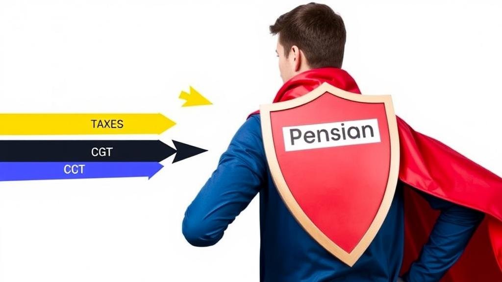 A person wearing a superhero cape, using a shield labeled 'ISA & Pension' to deflect incoming arrows labeled 'Taxes,' 'CGT,' and 'Dividend Tax' to illustrate tax planning strategies.