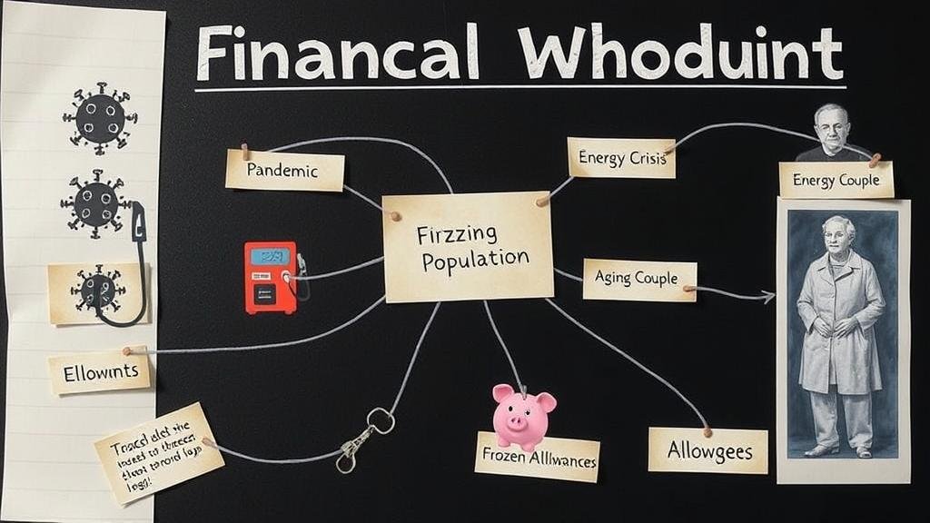 A 'financial whodunit' detective board with strings connecting various 'suspects' like a virus icon (pandemic), a gas pump (energy crisis), an elderly couple (aging population), and a piggy bank caught in a freezer (frozen allowances).