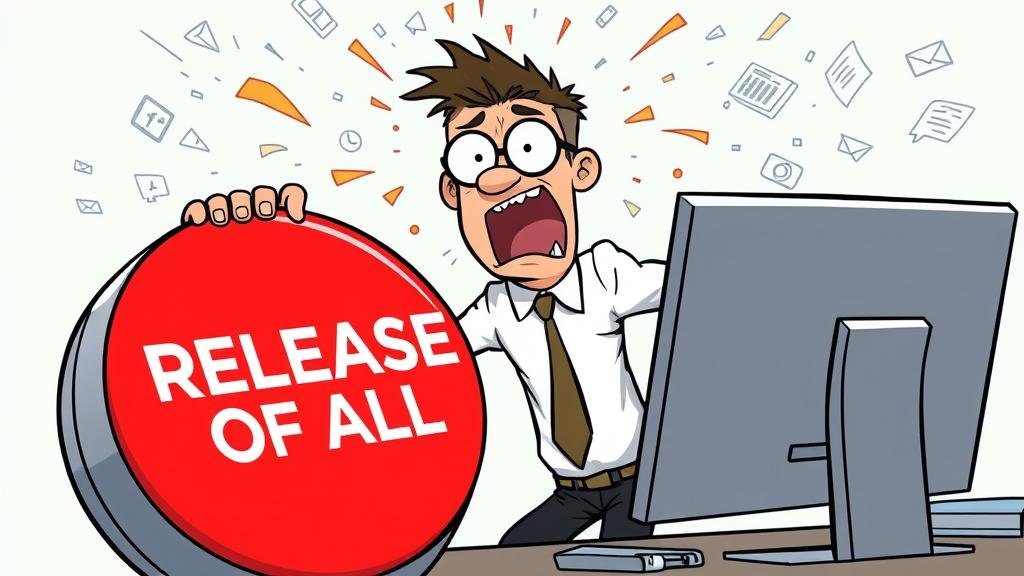 A humorous, exaggerated illustration of an office worker in a panic, having accidentally hit a giant red button on their computer that says 'RELEASE TO ALL,' as digital chaos erupts from the screen.