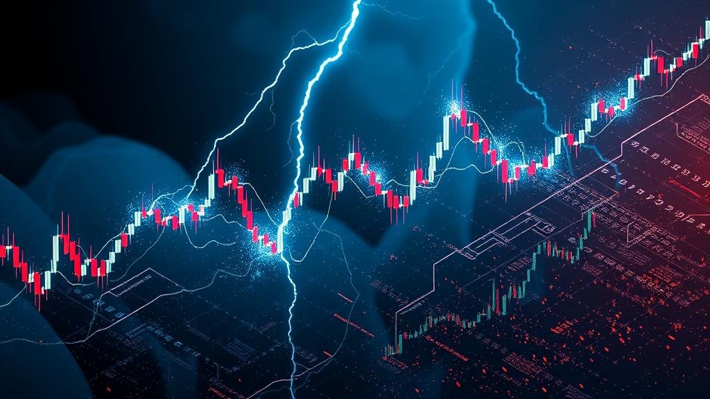 A dramatic visualization of a chaotic stock market graph with a lightning bolt, where one trader has a 'leaked document' and is winning a race against other traders who look confused.