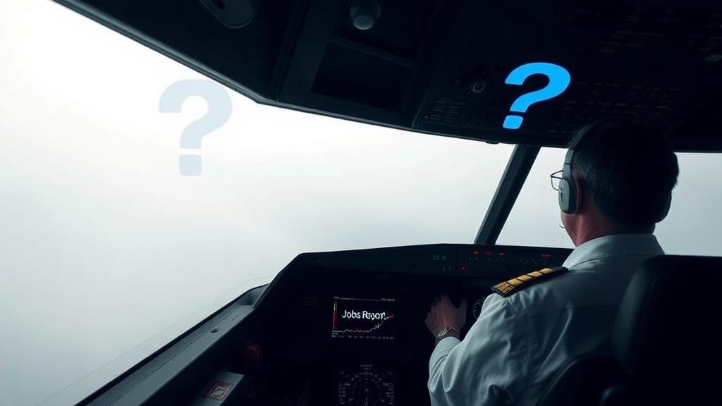 A pilot representing the Fed in a cockpit, looking at a fog with a question mark, symbolizing making decisions without the crucial 'Jobs Report' data.