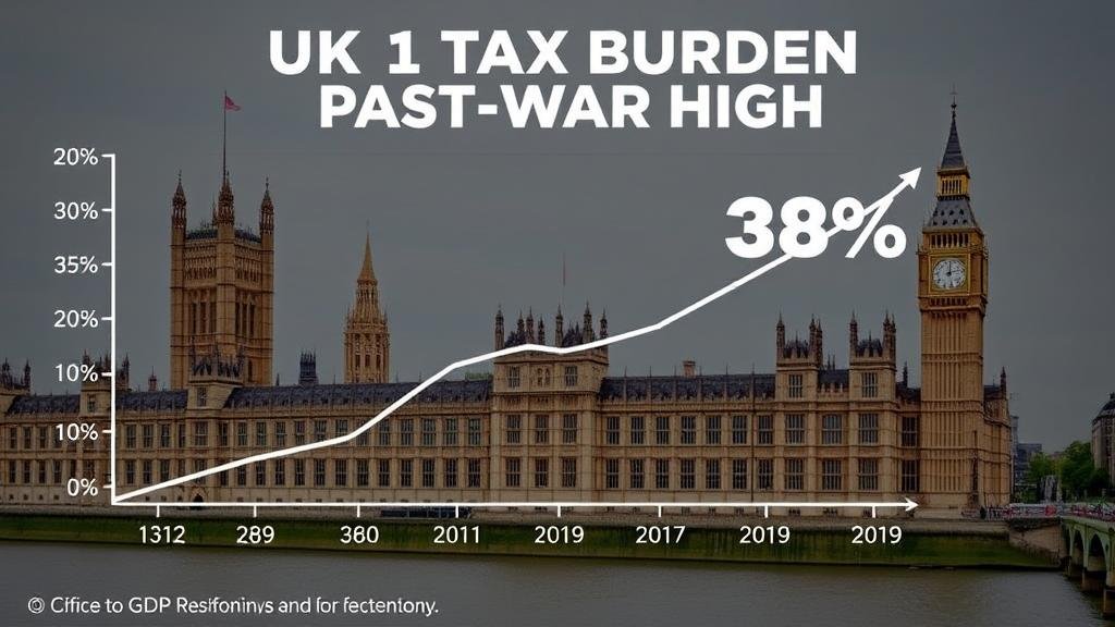 A striking visual of the UK tax burden reaching a post-war high, with a graph showing the tax-to-GDP ratio climbing to 38%, set against a backdrop of the Houses of Parliament to symbolize the national scale of this fiscal milestone.