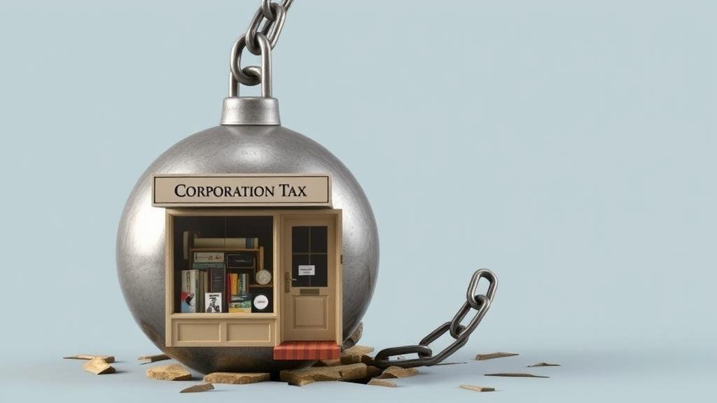 A small British shopfront weighed down by a giant ball and chain labeled Corporation Tax, symbolizing how high business taxes hinder growth.