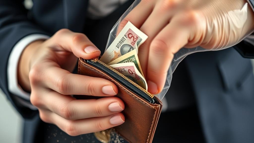 A person's wallet being squeezed by a large, transparent hand, with British pound notes inside turning into dust, symbolizing the squeeze on personal finances in the UK.