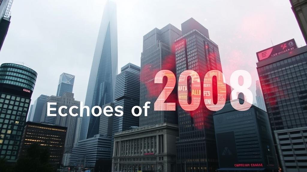 The concept of 'Echoes of 2008,' with a modern, sleek financial district overshadowed by a ghostly, fading image of the 2008 market crash.