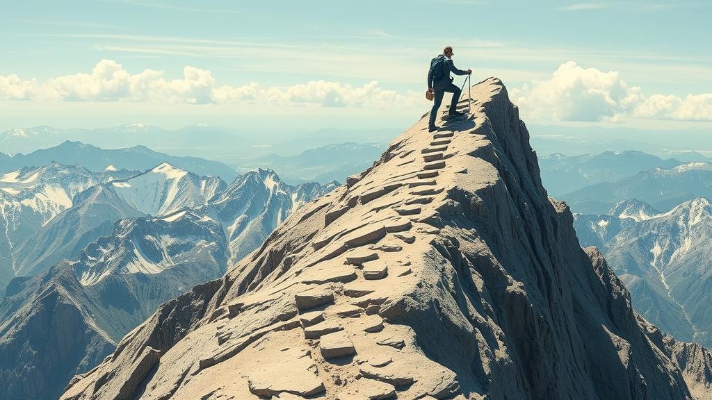 A surge in high-risk appetite, depicted as investors eagerly climbing a precarious, steep mountain of volatile assets like private credit and speculative corporate debt.