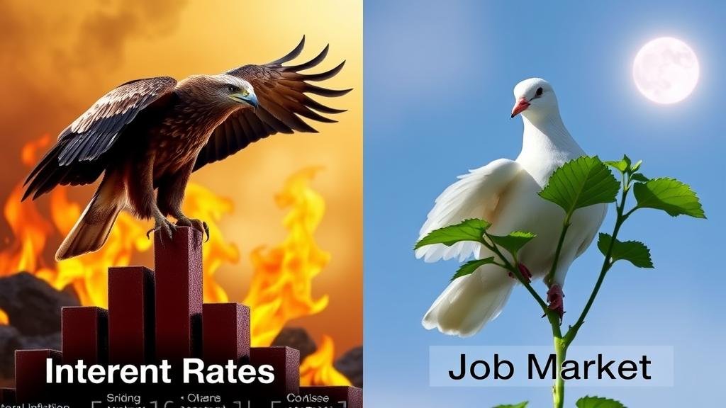 A split image showing a hawk on a rising interest rate graph and a dove protecting a wilting 'Job Market' plant, representing the two opposing views within the Fed.
