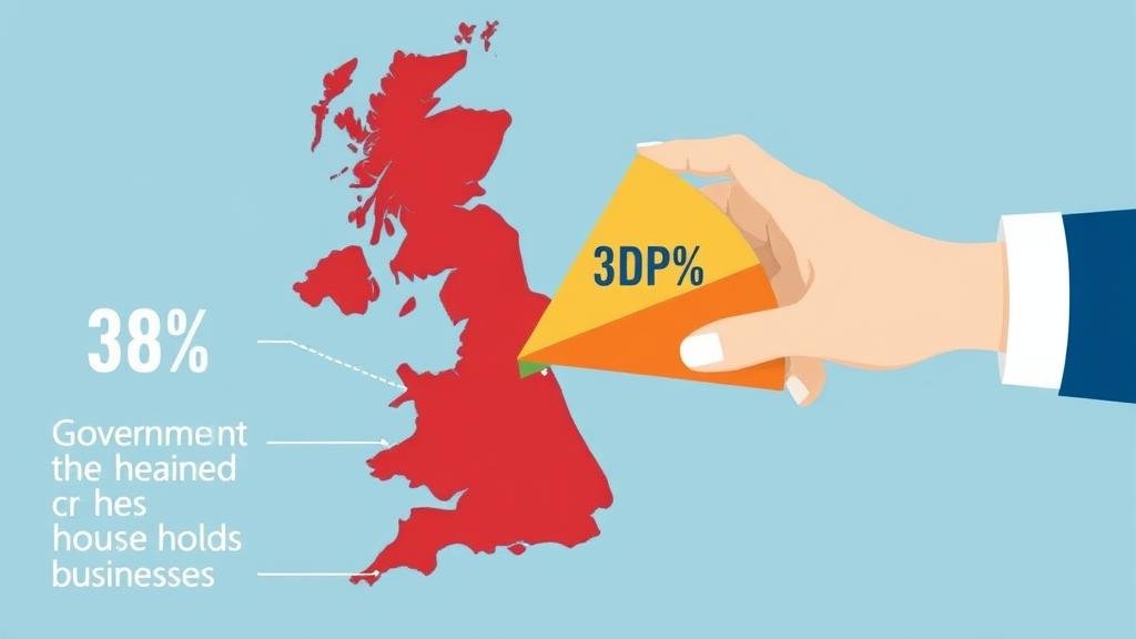An illustration of the UK's economic pie representing GDP, with a large 38% slice being taken by a hand representing the government.