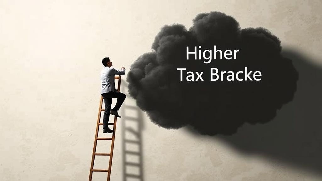 A person on a ladder, with the rungs representing wage increases, being 'dragged' by a shadow into a higher, darker cloud labeled 'Higher Tax Bracket'.