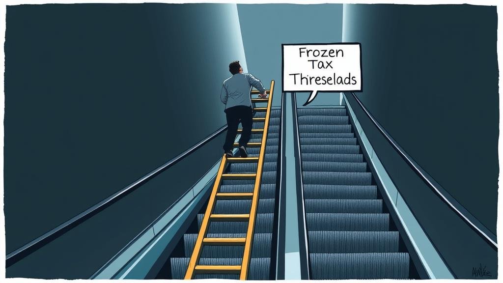 A clever depiction of a person trying to climb a ladder, but realizing the ladder is on a downward escalator labeled 'Frozen Tax Thresholds'. This symbolizes how wage inflation pushes them into higher tax brackets without any real gain.