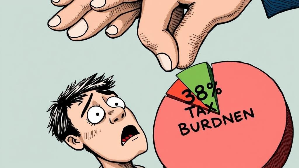 A detailed illustration of a person looking shocked as a giant hand labeled 'UK Government' reaches down and takes a large slice from a pie chart that represents their personal income. The slice is labeled '38% Tax Burden'.