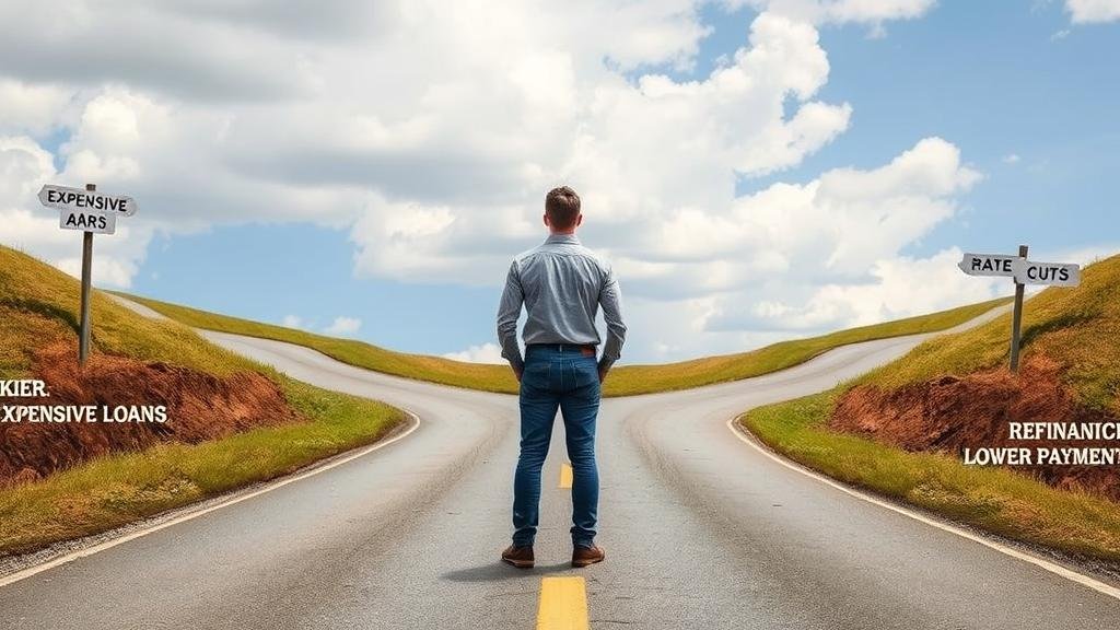 A person at a fork in the road, with one path labeled 'Rate Hikes' leading to expensive loans and the other path labeled 'Rate Cuts' leading to refinancing opportunities.