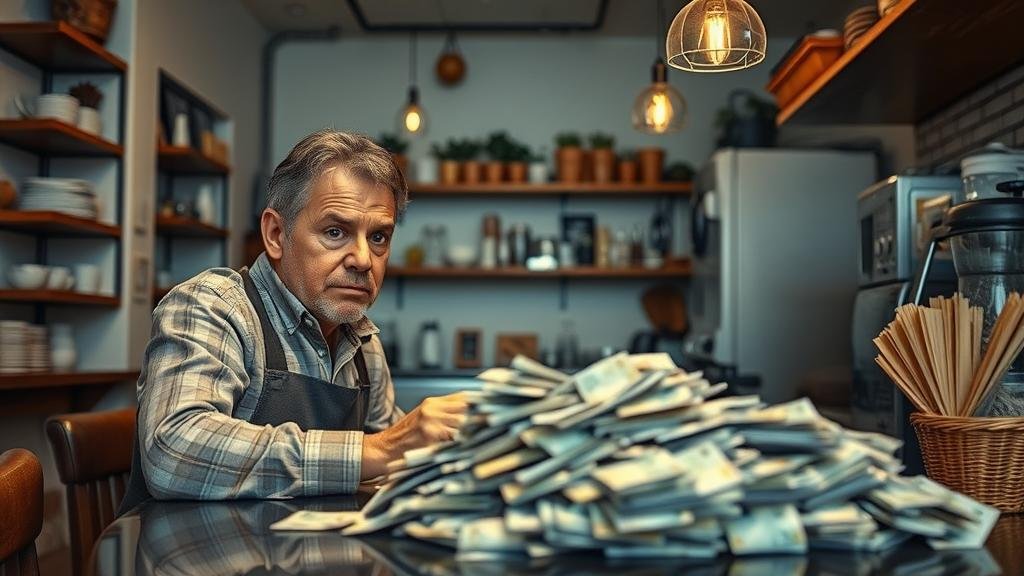 A poignant image of a small, family-run café owner looking worriedly at a pile of bills on the counter, with the café appearing empty. This represents the struggle of small businesses under the new tax burden.
