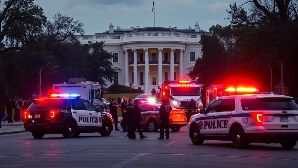 A dramatic scene of heavy police activity and emergency vehicles near the White House, capturing the intensity of the lockdown and search for a suspect.