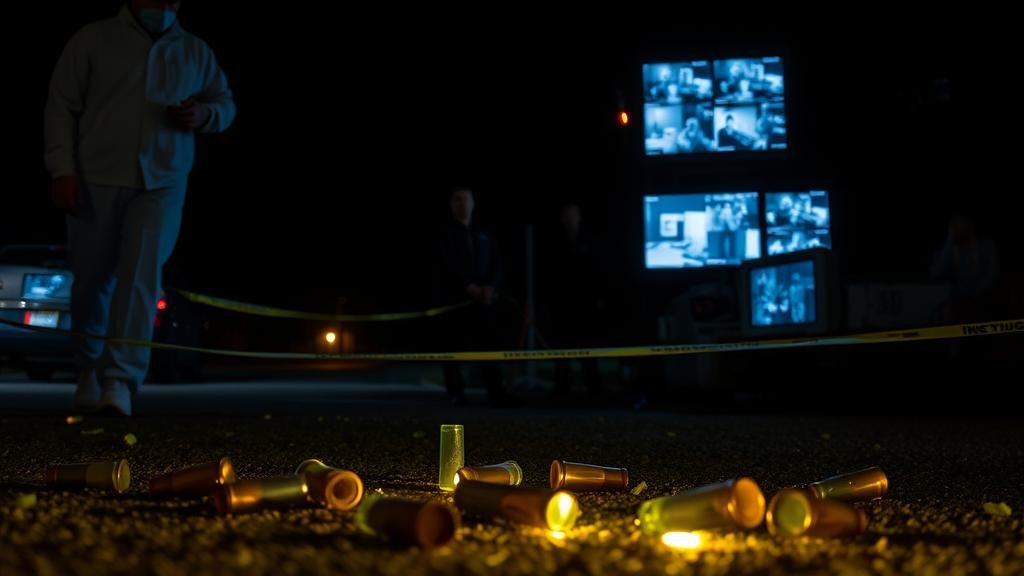 An investigative scene at night, with forensic scientists in the foreground examining evidence like shell casings with glowing markers on the ground. In the background, investigators review surveillance footage on screens.