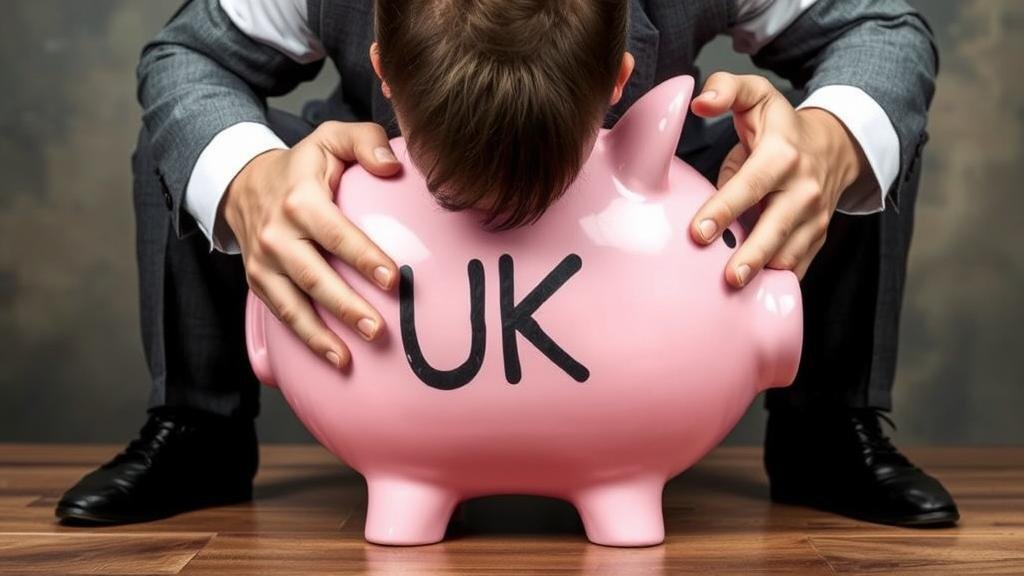 A visual metaphor for the UK's high tax burden, showing a person being squeezed by a giant piggy bank with 'UK TAX' written on it, representing the pressure on personal finance.