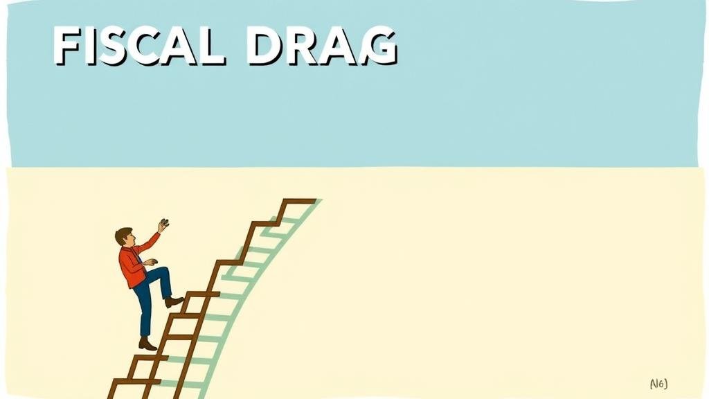 An illustration of 'fiscal drag' where a person is climbing a ladder of pay raises, but the rungs get further apart and a shadow of a taxman grows larger, symbolizing inflation pushing them into higher tax brackets.