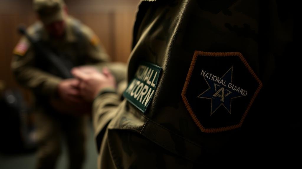 A respectful shot focusing on a National Guard uniform sleeve patch, with a fellow soldier assisting the injured guard member in the blurred background, highlighting camaraderie.