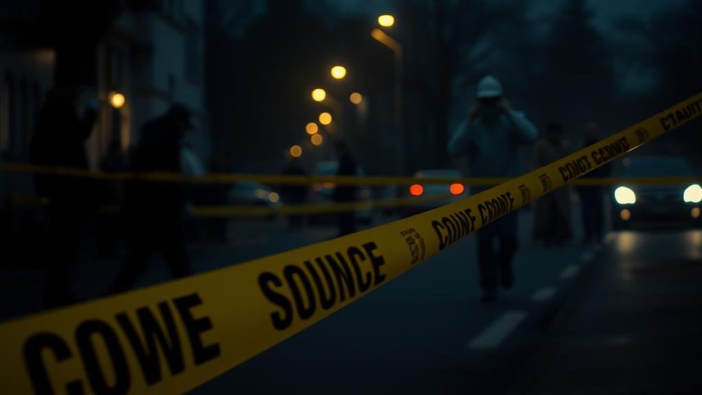 A cinematic, high-angle shot of the chaotic street scene near the White House with police cars and ambulances filling the intersection, capturing the tension of the moment.
