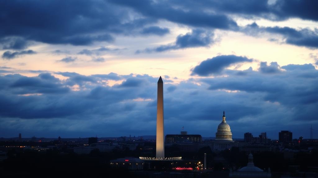 A poignant image of the Washington D.C. skyline at twilight, with the Washington Monument under a dramatic sky, representing a city in reflection.