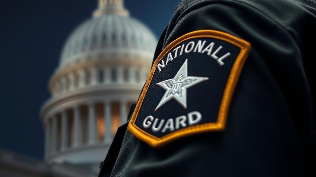 national-guard-patch.jpg Close-up on the patch of a National Guard uniform with a federal building blurred in the background.
