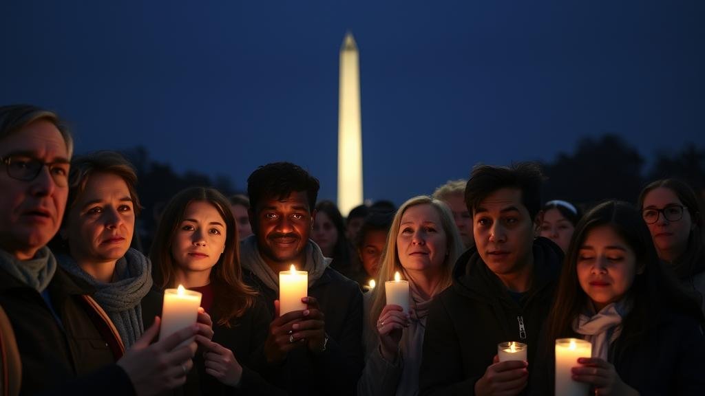 dc-community-vigil.jpg A diverse group of community members holding a candlelight vigil with the Washington Monument lit in the background.