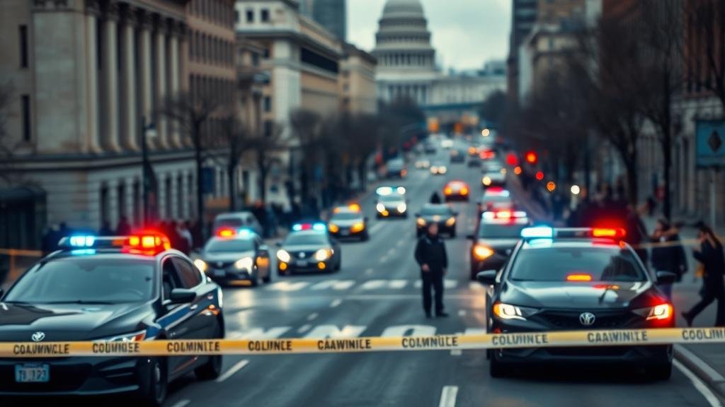 dc-shooting-scene.jpg A cordoned-off city street in Washington D.C. with police cars and flashing lights.