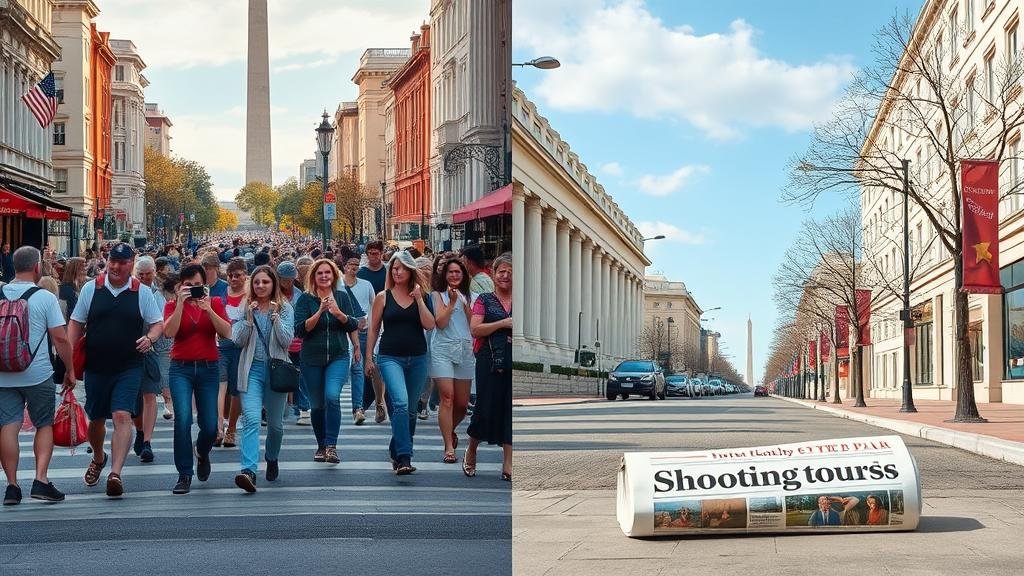 dc-tourism-impact.jpg A split image contrasting a busy D.C. street with tourists and the same street empty, representing the economic impact on tourism.
