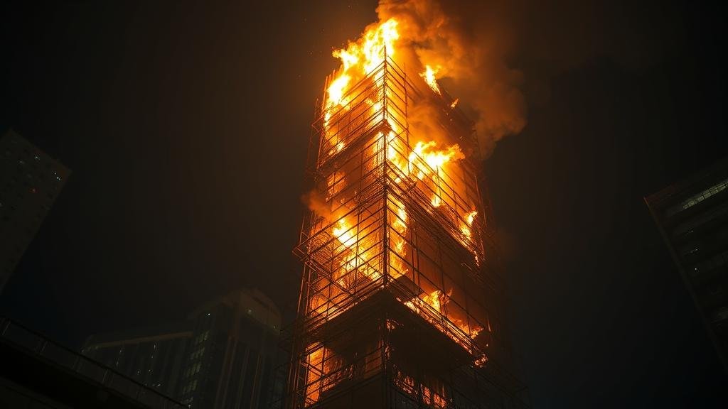 A dramatic and chaotic scene of a high-rise tower in Hong Kong engulfed in flames, with the fire rapidly climbing the bamboo scaffolding surrounding the building at night.