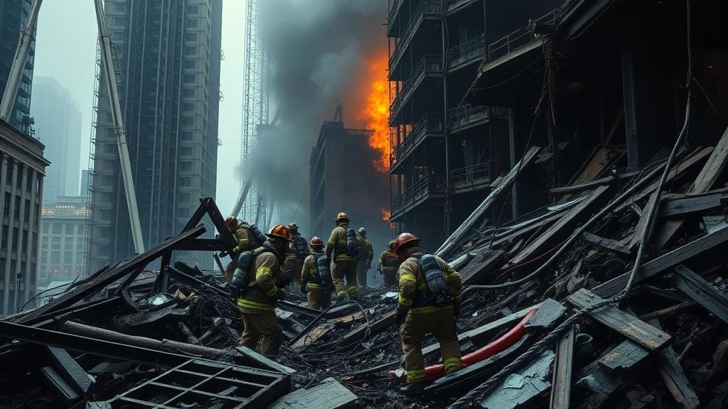 A somber and emotional scene of firefighters and rescue workers searching through the charred and unstable remains of a high-rise building, with a sense of urgency and loss.