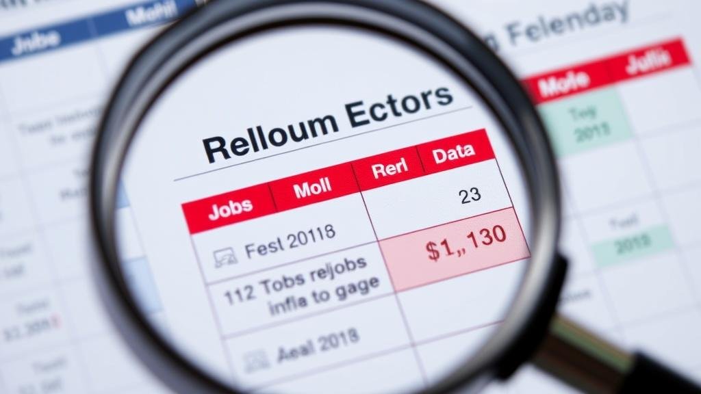 A magnifying glass focuses on a calendar highlighting the release dates for the upcoming jobs and inflation reports, emphasizing the heightened importance of future economic data.