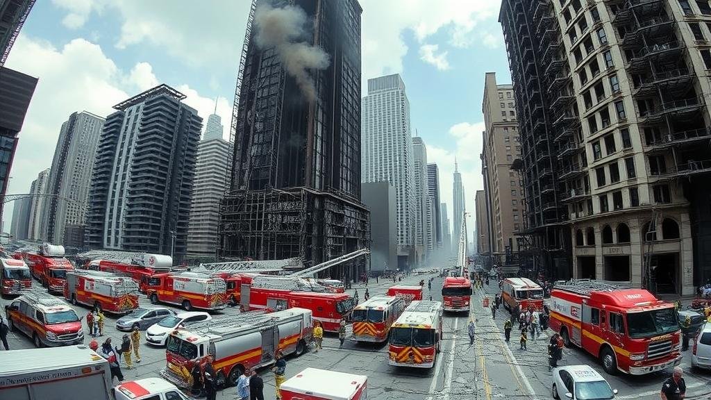 A wide-angle shot of a massive emergency operation at the base of the fire-ravaged high-rise towers, with numerous fire trucks, ambulances, and emergency personnel on the scene. The image should convey the scale of the response.