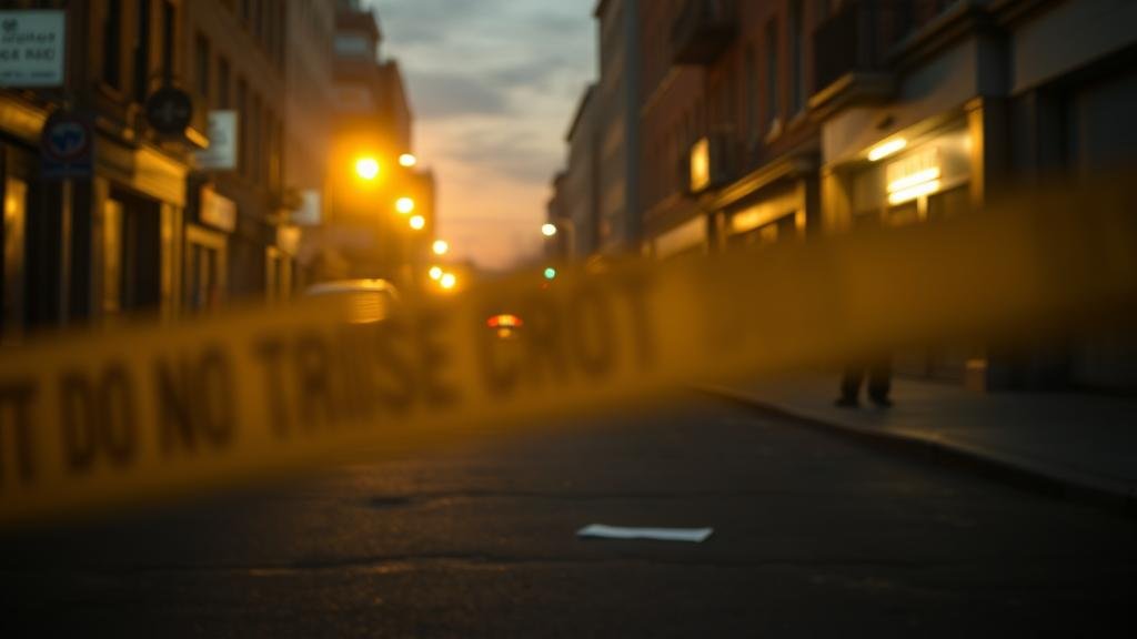 An urban crime scene at dusk with yellow investigation tape and forensic investigators working in the background.