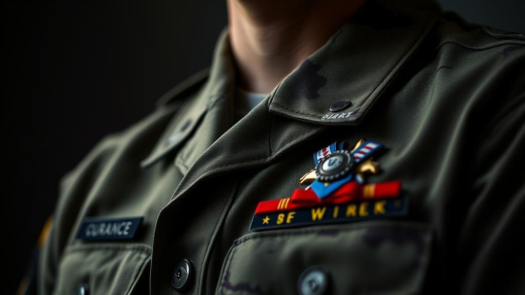 A powerful close-up shot focusing on the details of a National Guardsman's uniform, emphasizing honor and service.