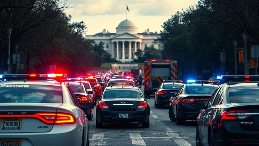 A chaotic daylight street scene in Washington D.C. with police cars and emergency personnel active near the White House.